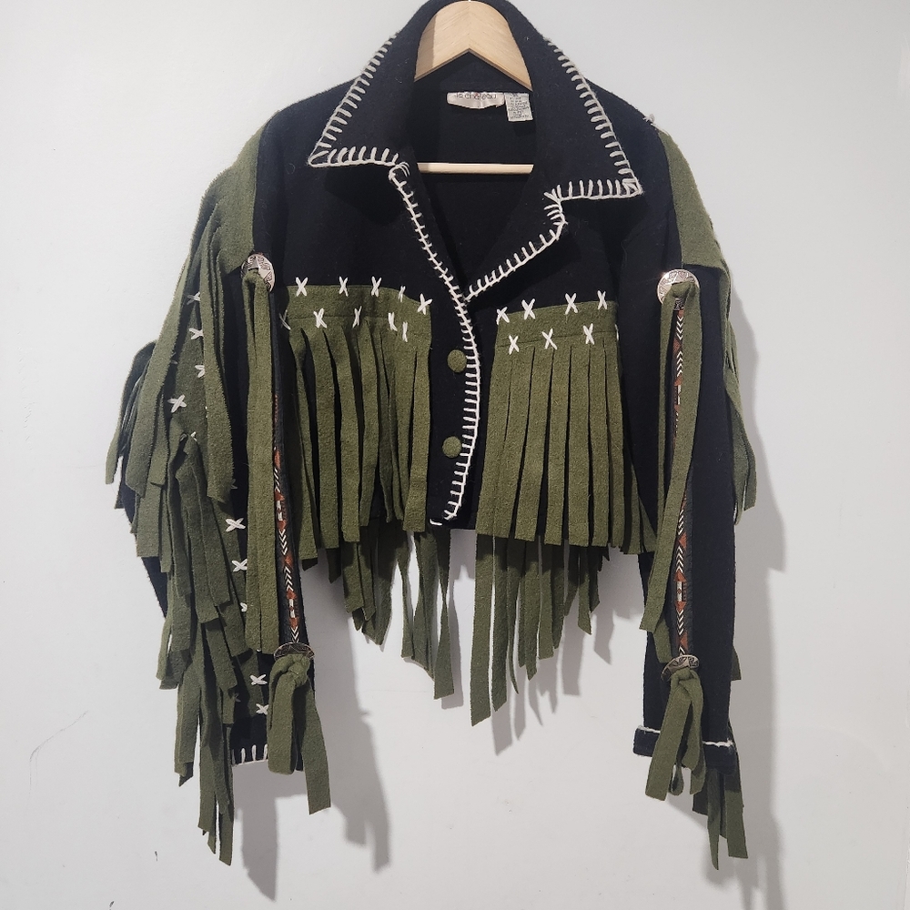 Vintage Y2k Le Chateau Wool Blend Olive Green and Black Fringe Jacket